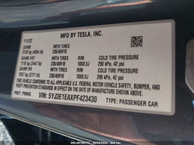 5YJ3E1EAXPF423430 Tesla Model 3 Rear-wheel Drive