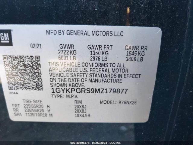 1GYKPGRS9MZ179877 Cadillac Xt6 Awd Sport