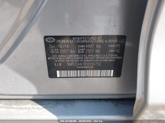 Hyundai SONATA SE 2015 5NPE24AF5FH156752 Image 9