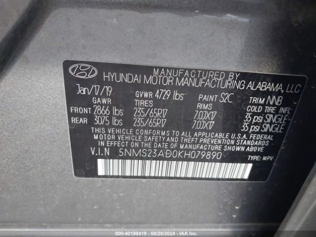 5NMS23AD0KH079890 Hyundai Santa Fe Se