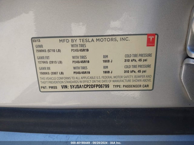 2013 TESLA MODEL S 5YJSA1CP2DFP06799 Photo 8