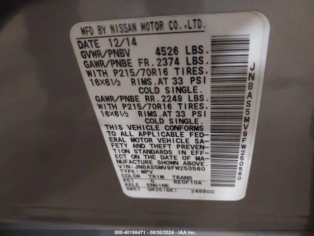 Nissan Rogue Select S 2015 JN8AS5MV9FW250560 Image 9