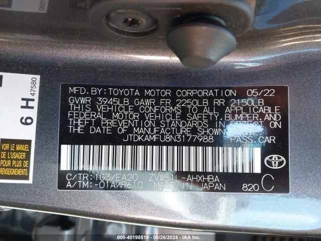 Toyota PRIUS XLE 2022 JTDKAMFU8N3177988 Image 9