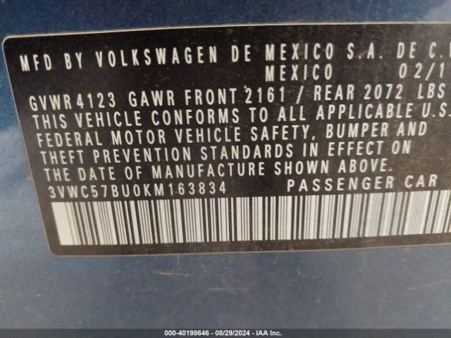 3VWC57BU0KM163834 Volkswagen Jetta S/se/r-line