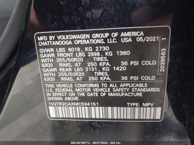 1V2TR2CAXMC594151 Volkswagen Atlas 3.6l V6 Sel Premium