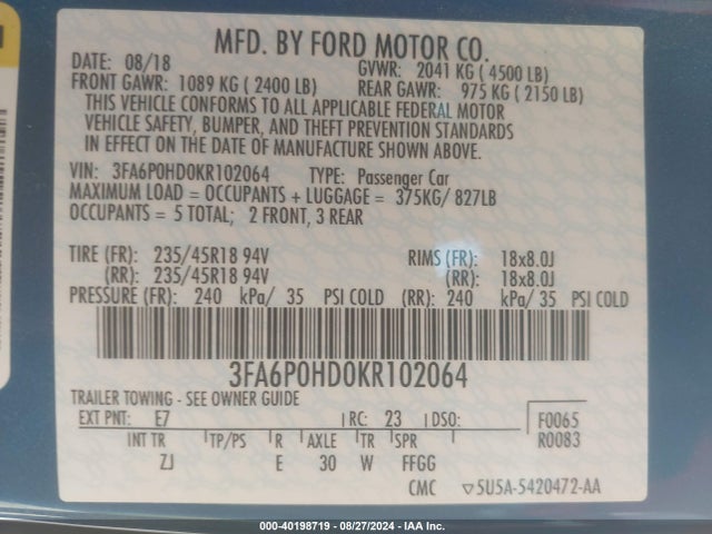 Ford FUSION SE 2019 3FA6P0HD0KR102064 Image 9