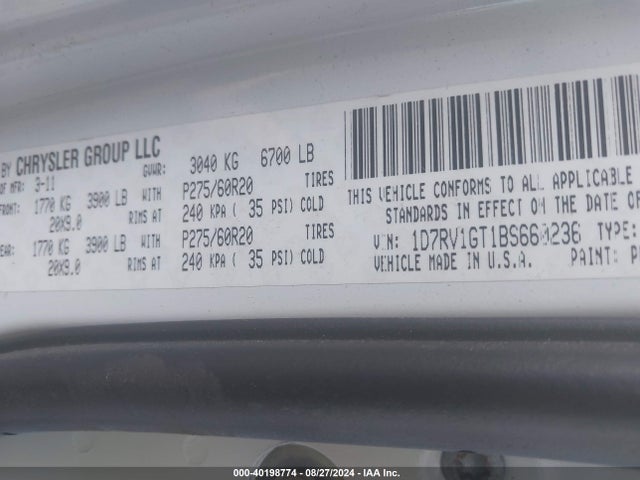 Продаж на аукціоні авто 2011 Ram Ram 1500 Laramie, vin: 1D7RV1GT1BS660236, номер лоту: 40198774