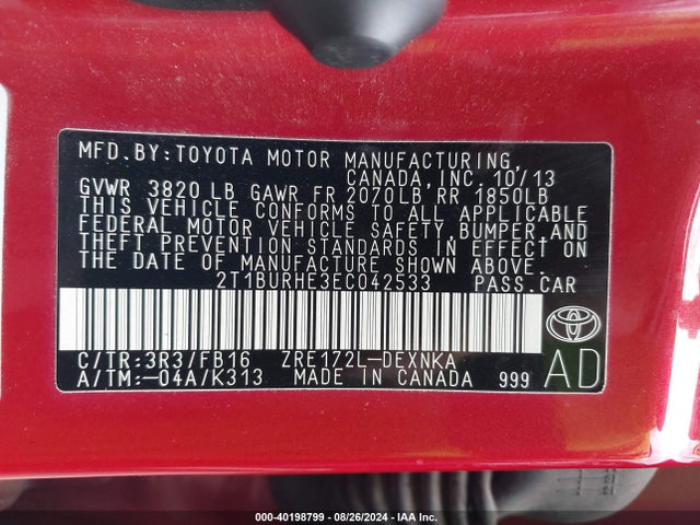 Toyota COROLLA LE 2014 2T1BURHE3EC042533 Image 9
