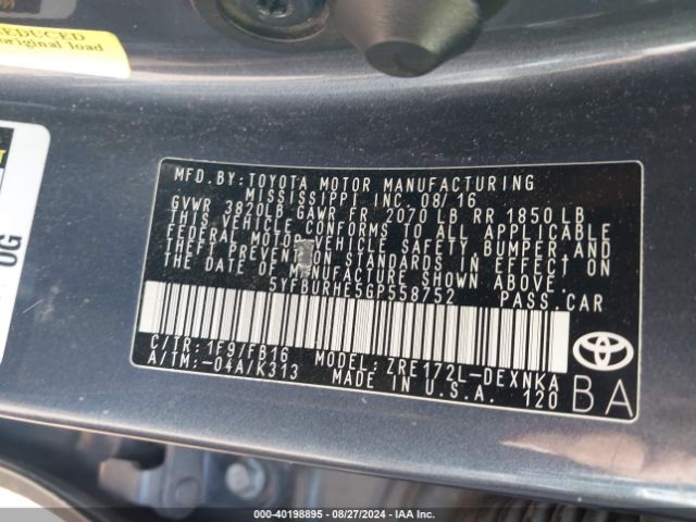 5YFBURHE5GP558752 Toyota Corolla Le Plus