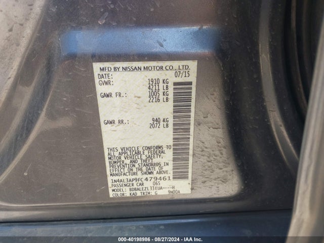 Nissan Altima 2.5 S 2015 1N4AL3AP9FC479461 Image 9
