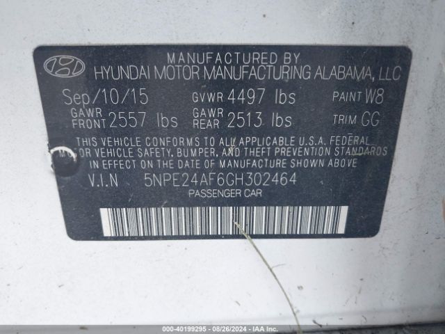 5NPE24AF6GH302464 Hyundai SONATA SE