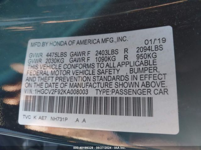 1HGCV2F92KA008003 Honda Accord Touring 2.0t