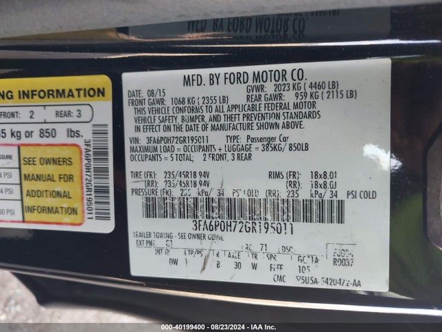 Ford FUSION SE 2016 3FA6P0H72GR195011 Image 9