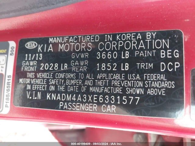 KIA RIO LX 2014 KNADM4A3XE6331577 Image 9