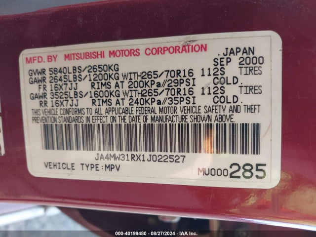 2001 MITSUBISHI MONTERO JA4MW31RX1J022527 Photo 8