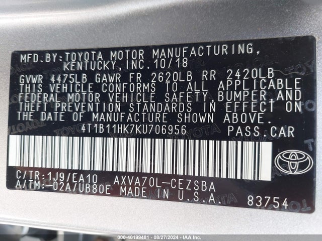 Toyota CAMRY SE 2019 4T1B11HK7KU706956 Image 9