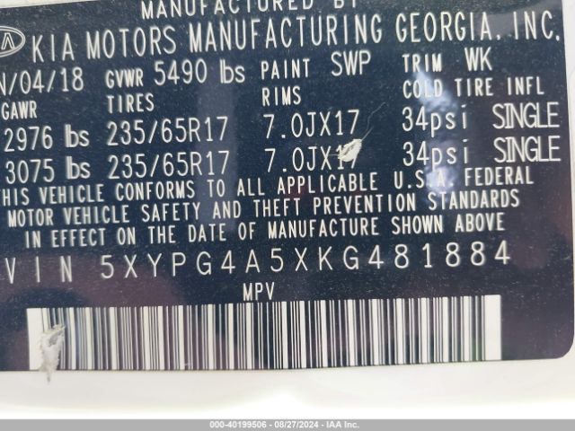 5XYPG4A5XKG481884 KIA Sorento 3.3l Lx