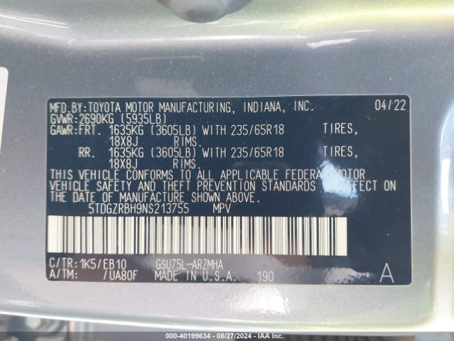 5TDGZRBH9NS213755 Toyota Highlander Xle