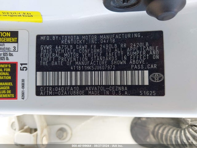 Toyota CAMRY LE 2018 4T1B11HK5JU607972 Image 9