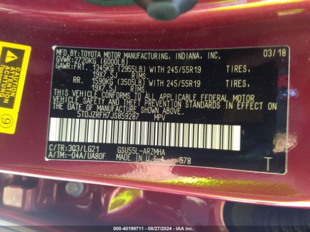 5TDJZRFH7JS859287 Toyota Highlander Se