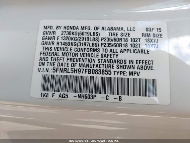 5FNRL5H97FB083855 Honda Odyssey Touring/touring Elite
