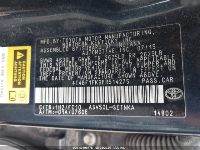 4T4BF1FK9FR514275 Toyota CAMRY LE