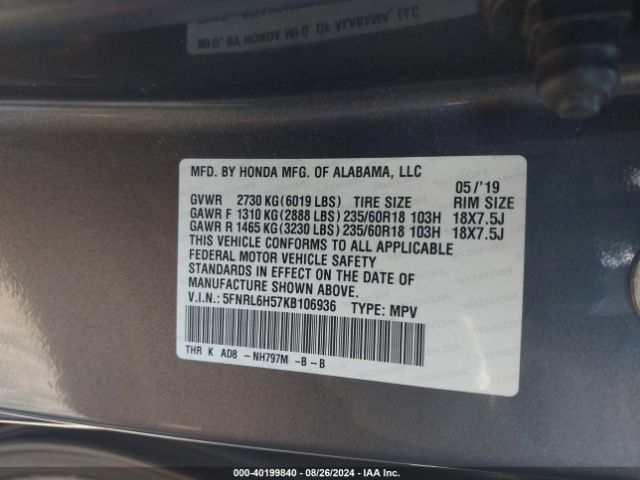 5FNRL6H57KB106936 Honda ODYSSEY EX