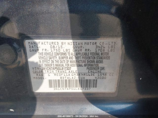 3N1CN7AP5GL817337 Nissan Versa 1.6 S+