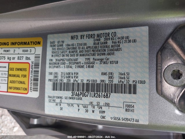 3FA6P0G71LR261687 Ford FUSION S