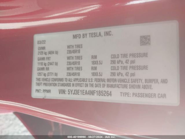 5YJ3E1EA4NF185264 Tesla Model 3 Rear-wheel Drive
