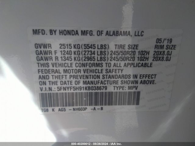 5FNYF5H91KB038679 Honda Pilot Touring