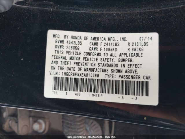 1HGCR6F5XEA010398 Honda Accord Hybrid Ex-l