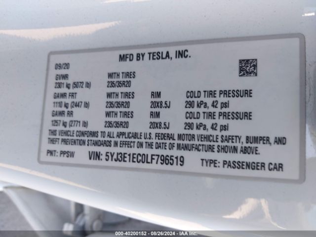 5YJ3E1EC0LF796519 Tesla Model 3 Performance Dual Motor All-wheel Drive