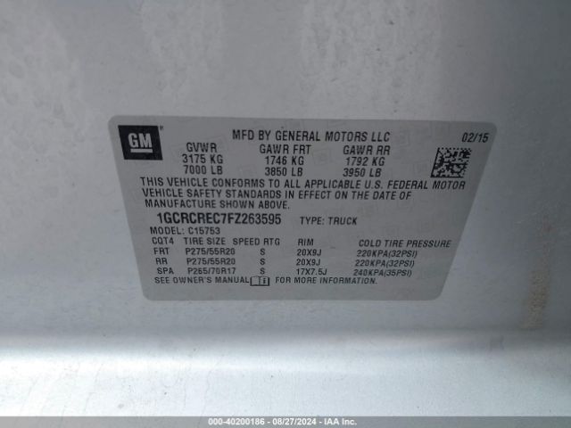 1GCRCREC7FZ263595 Chevrolet Silverado 1500 1lt