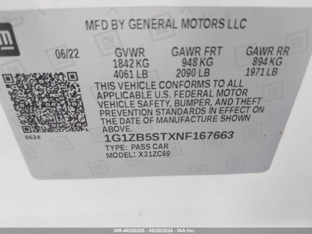 1G1ZB5STXNF167663 Chevrolet Malibu Fwd Ls