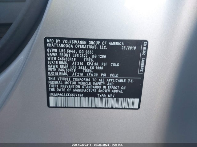 1V2AP2CAXKC577196 Volkswagen Atlas 2.0t S