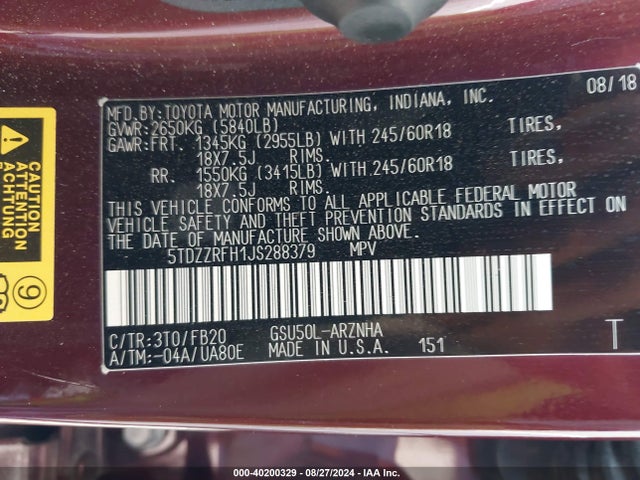 Toyota Highlander Le 2018 5TDZZRFH1JS288379 Image 9