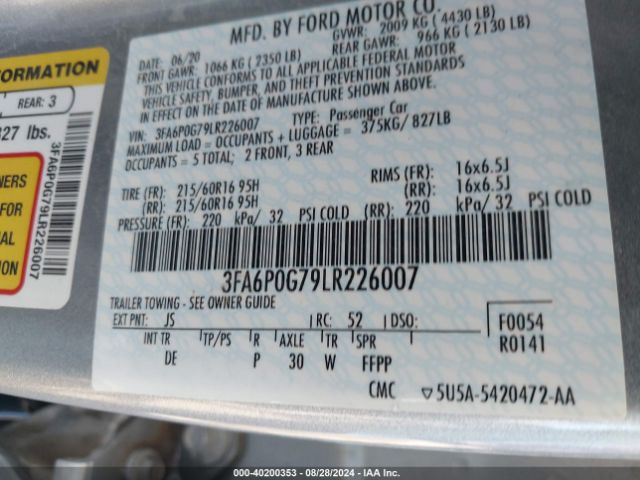 3FA6P0G79LR226007 Ford FUSION S
