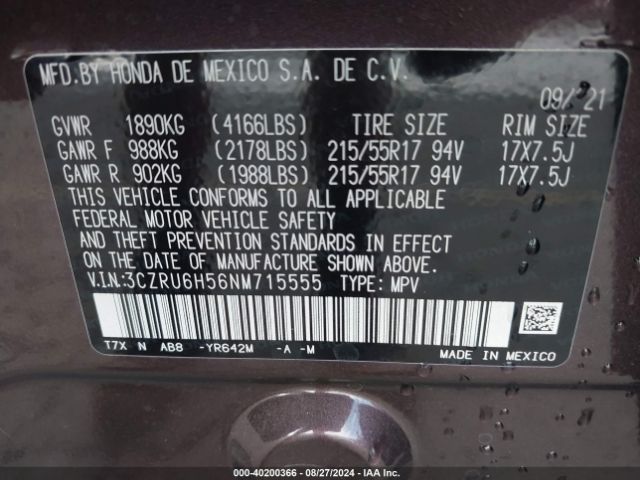 3CZRU6H56NM715555 Honda Hr-v Awd Ex