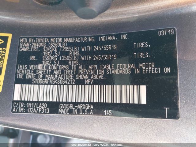 5TDDGRFH5KS064212 Toyota Highlander Hybrid Limited Platinum