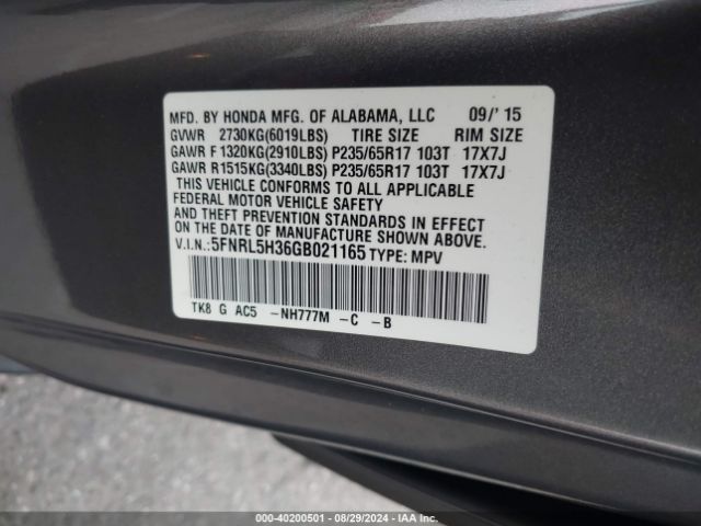 5FNRL5H36GB021165 Honda ODYSSEY SE