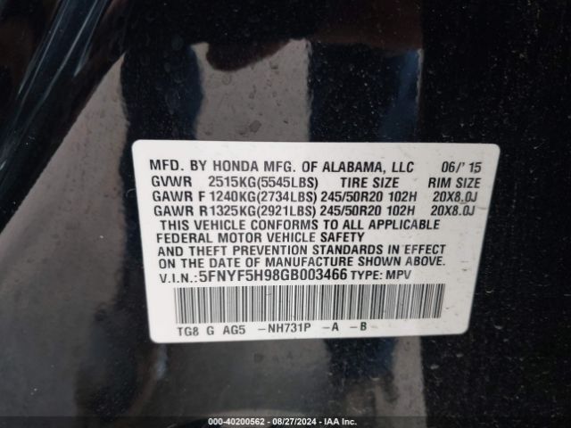 5FNYF5H98GB003466 Honda Pilot Touring