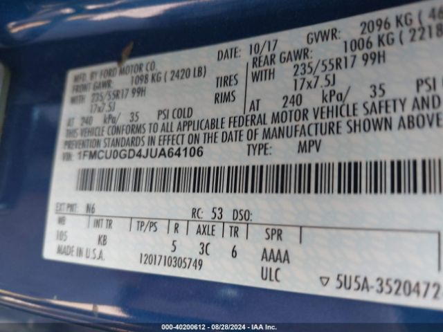 1FMCU0GD4JUA64106 Ford ESCAPE SE