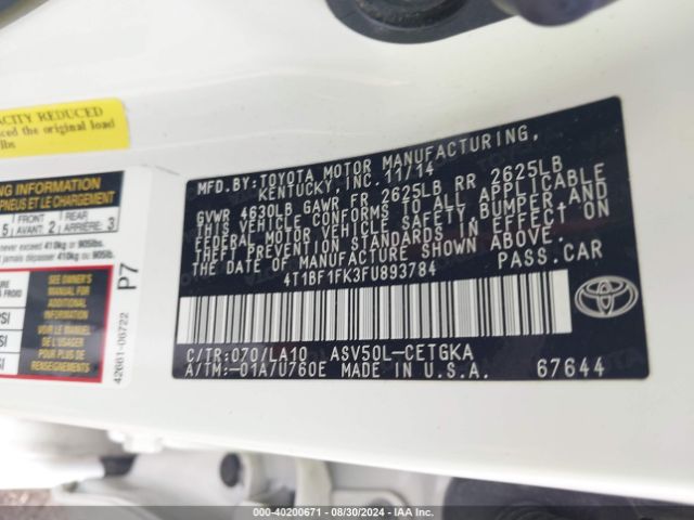 4T1BF1FK3FU893784 Toyota CAMRY XLE