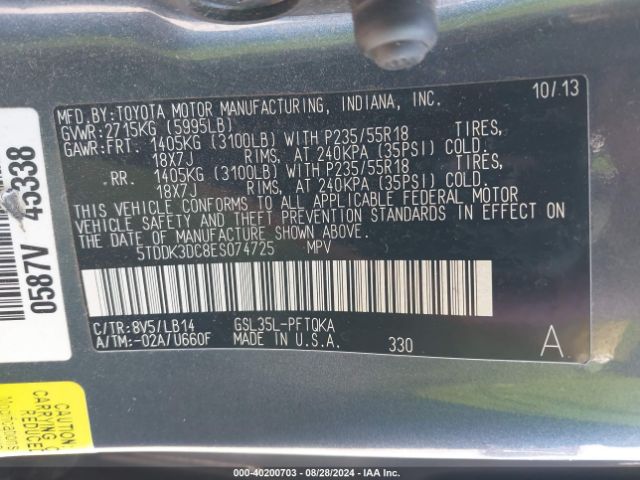 5TDDK3DC8ES074725 Toyota Sienna Xle 7 Passenger