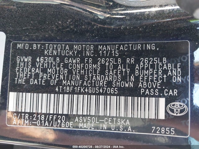 Toyota CAMRY SE 2016 4T1BF1FK4GU547065 Image 9