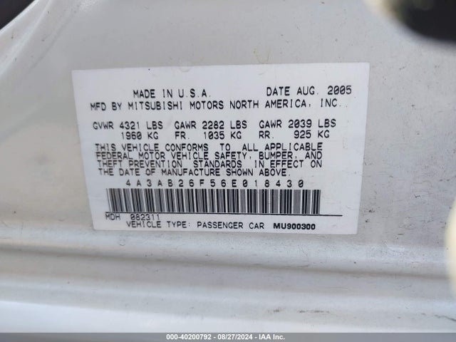 2006 MITSUBISHI GALANT 4A3AB26F56E018430 Photo 8