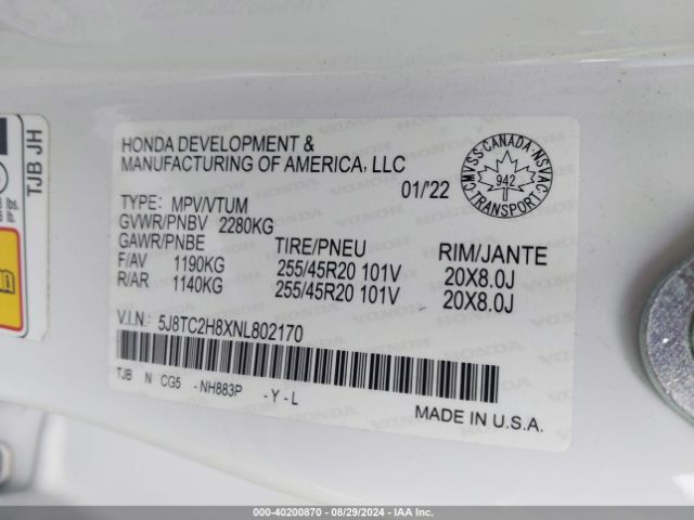 5J8TC2H8XNL802170 Acura Rdx A-spec Advance Package/pmc Edition