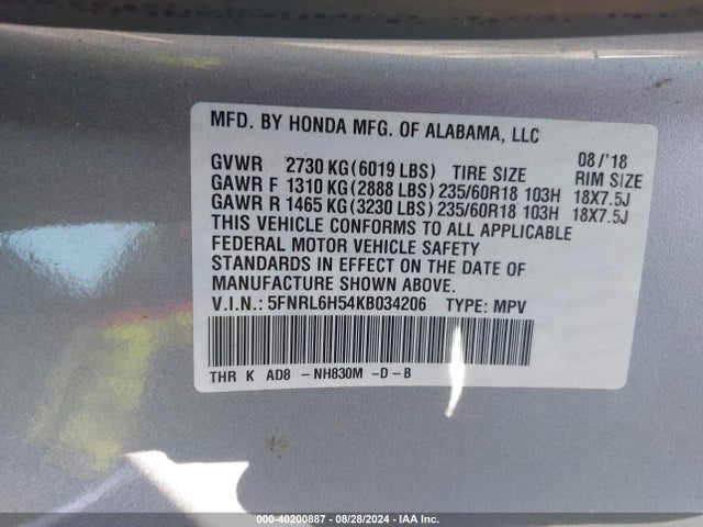 5FNRL6H54KB034206 Honda ODYSSEY EX