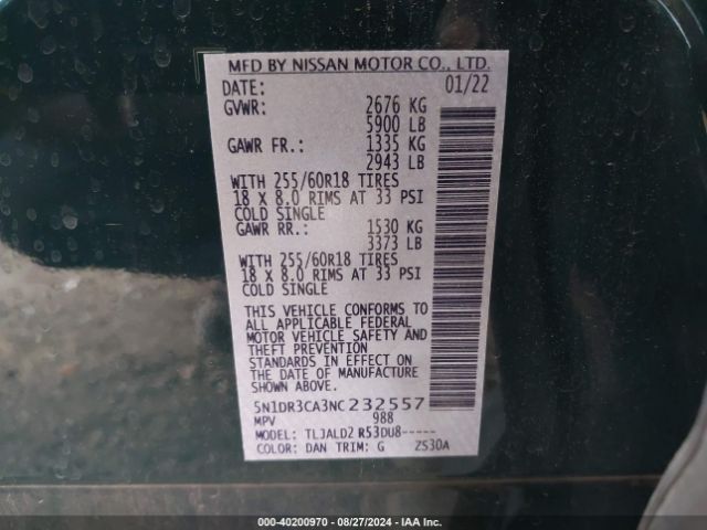5N1DR3CA3NC232557 Nissan Pathfinder Sl 2wd